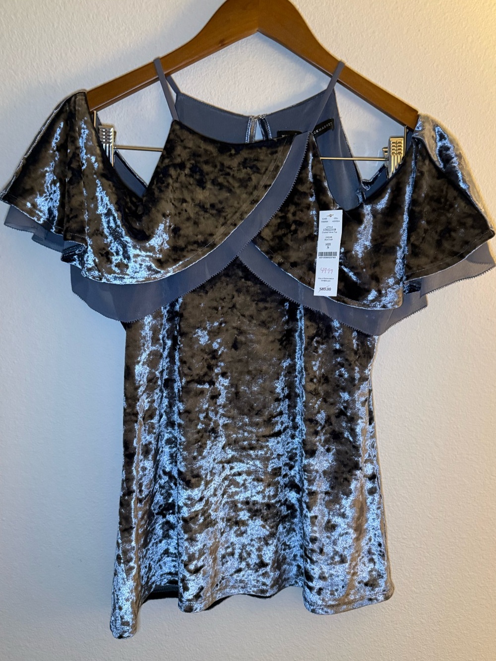 White House Black Market Silver Crushed Velvet Cold-Shoulder Top